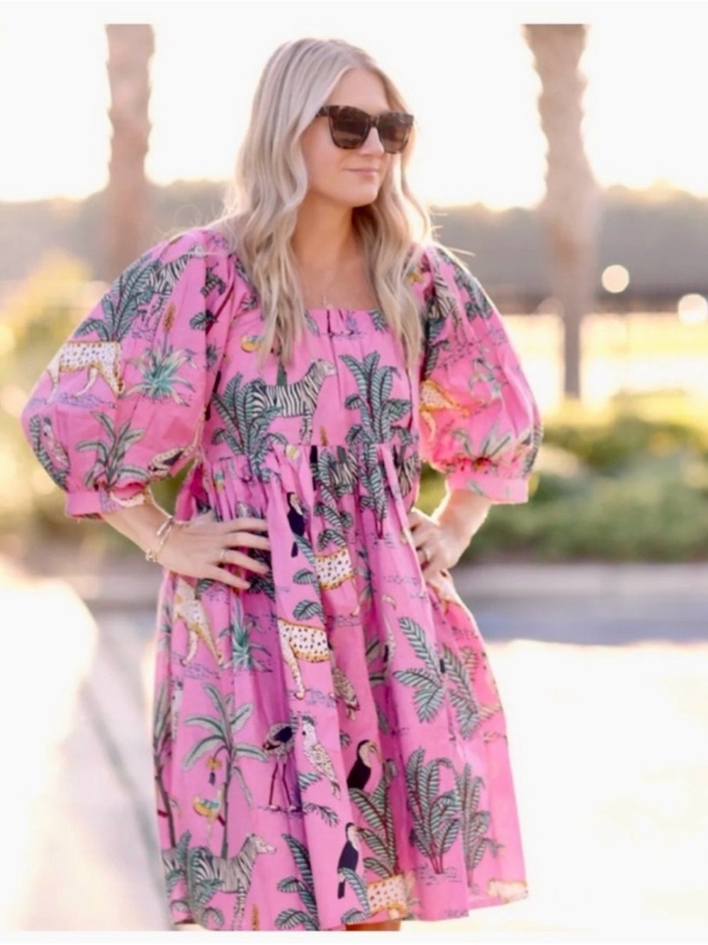 Darlington Isle Cayman Pink Tropical Print Puff-Sleeve Mini Dress in Size Small